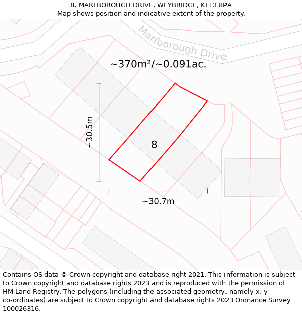 8, MARLBOROUGH DRIVE, WEYBRIDGE, KT13 8PA: Plot and title map