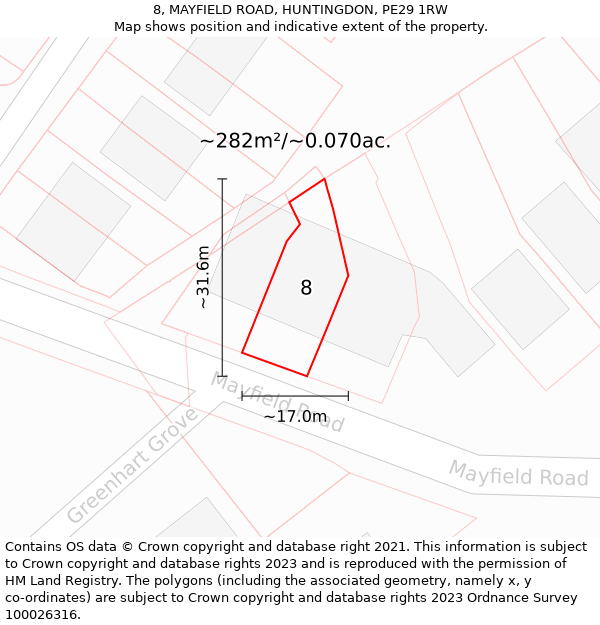 8, MAYFIELD ROAD, HUNTINGDON, PE29 1RW: Plot and title map