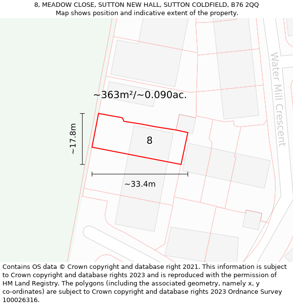 8, MEADOW CLOSE, SUTTON NEW HALL, SUTTON COLDFIELD, B76 2QQ: Plot and title map