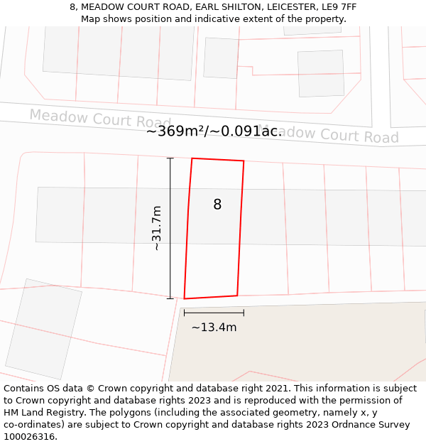 8, MEADOW COURT ROAD, EARL SHILTON, LEICESTER, LE9 7FF: Plot and title map