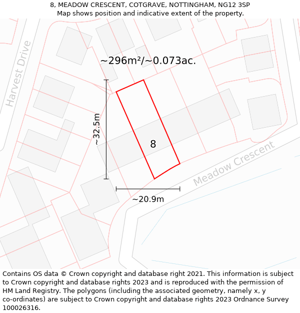 8, MEADOW CRESCENT, COTGRAVE, NOTTINGHAM, NG12 3SP: Plot and title map