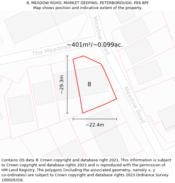 8, MEADOW ROAD, MARKET DEEPING, PETERBOROUGH, PE6 8PF: Plot and title map