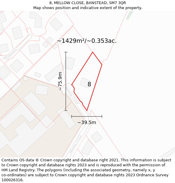 8, MELLOW CLOSE, BANSTEAD, SM7 3QR: Plot and title map