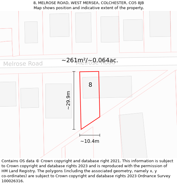 8, MELROSE ROAD, WEST MERSEA, COLCHESTER, CO5 8JB: Plot and title map