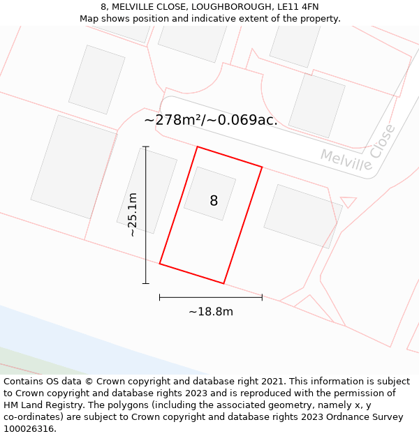 8, MELVILLE CLOSE, LOUGHBOROUGH, LE11 4FN: Plot and title map