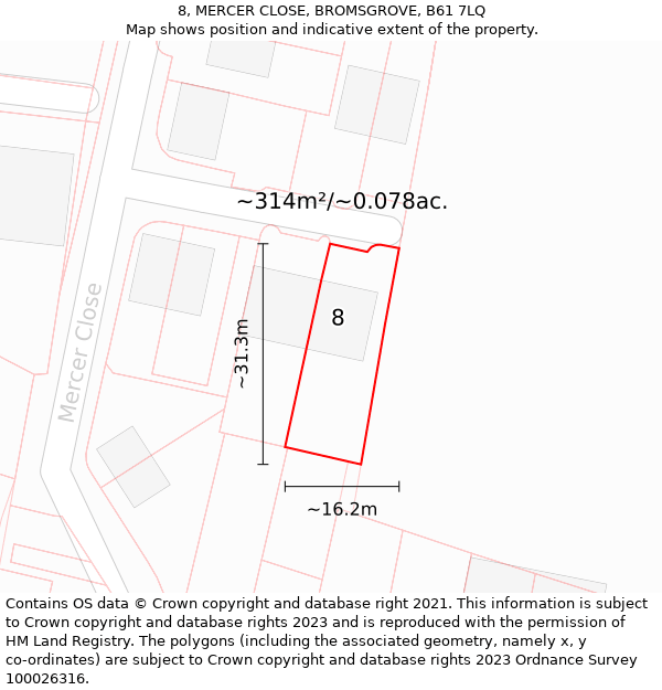 8, MERCER CLOSE, BROMSGROVE, B61 7LQ: Plot and title map