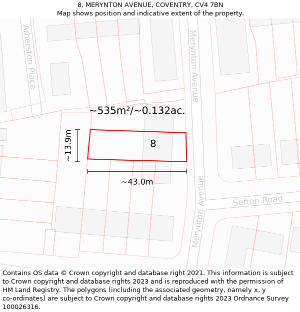 8, MERYNTON AVENUE, COVENTRY, CV4 7BN: Plot and title map