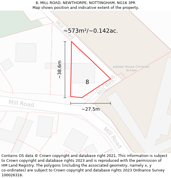 8, MILL ROAD, NEWTHORPE, NOTTINGHAM, NG16 3PR: Plot and title map