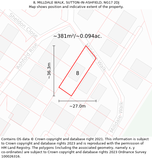 8, MILLDALE WALK, SUTTON-IN-ASHFIELD, NG17 2DJ: Plot and title map