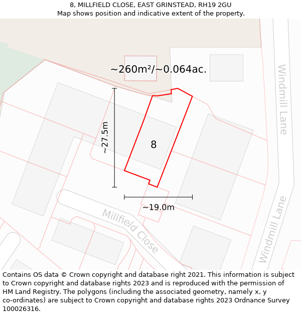 8, MILLFIELD CLOSE, EAST GRINSTEAD, RH19 2GU: Plot and title map