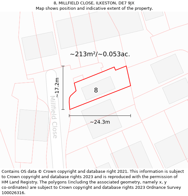 8, MILLFIELD CLOSE, ILKESTON, DE7 9JX: Plot and title map