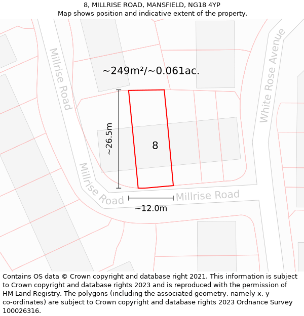 8, MILLRISE ROAD, MANSFIELD, NG18 4YP: Plot and title map