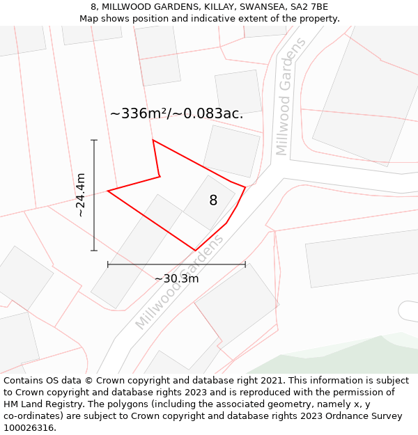 8, MILLWOOD GARDENS, KILLAY, SWANSEA, SA2 7BE: Plot and title map