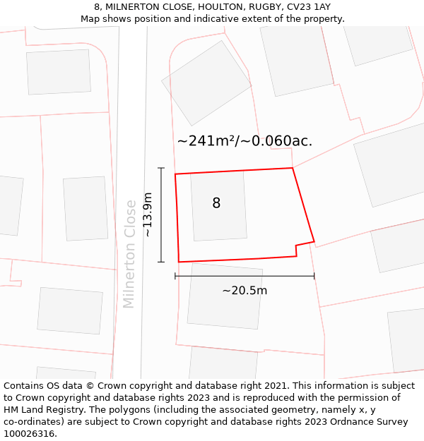 8, MILNERTON CLOSE, HOULTON, RUGBY, CV23 1AY: Plot and title map