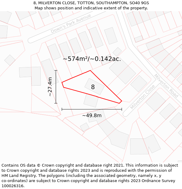 8, MILVERTON CLOSE, TOTTON, SOUTHAMPTON, SO40 9GS: Plot and title map