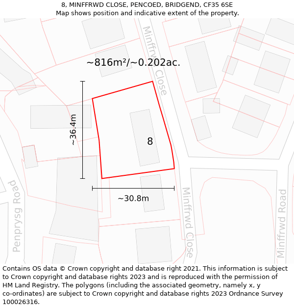 8, MINFFRWD CLOSE, PENCOED, BRIDGEND, CF35 6SE: Plot and title map