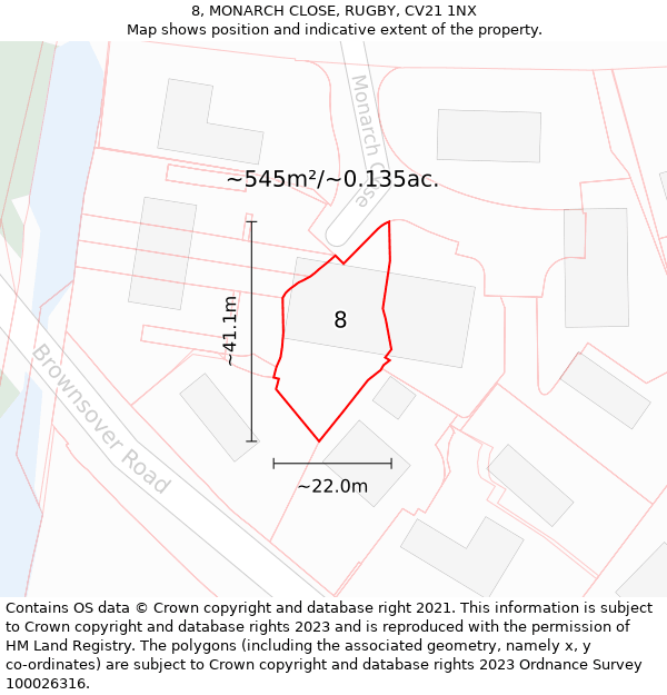 8, MONARCH CLOSE, RUGBY, CV21 1NX: Plot and title map