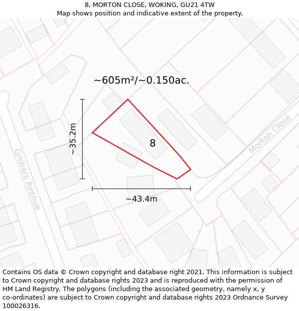 8, MORTON CLOSE, WOKING, GU21 4TW: Plot and title map