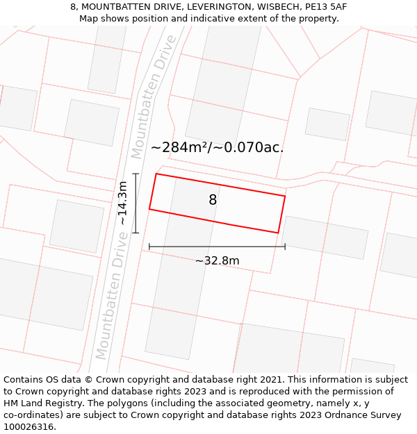 8, MOUNTBATTEN DRIVE, LEVERINGTON, WISBECH, PE13 5AF: Plot and title map