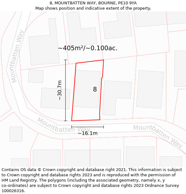 8, MOUNTBATTEN WAY, BOURNE, PE10 9YA: Plot and title map