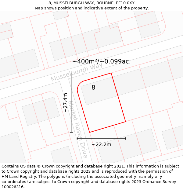 8, MUSSELBURGH WAY, BOURNE, PE10 0XY: Plot and title map