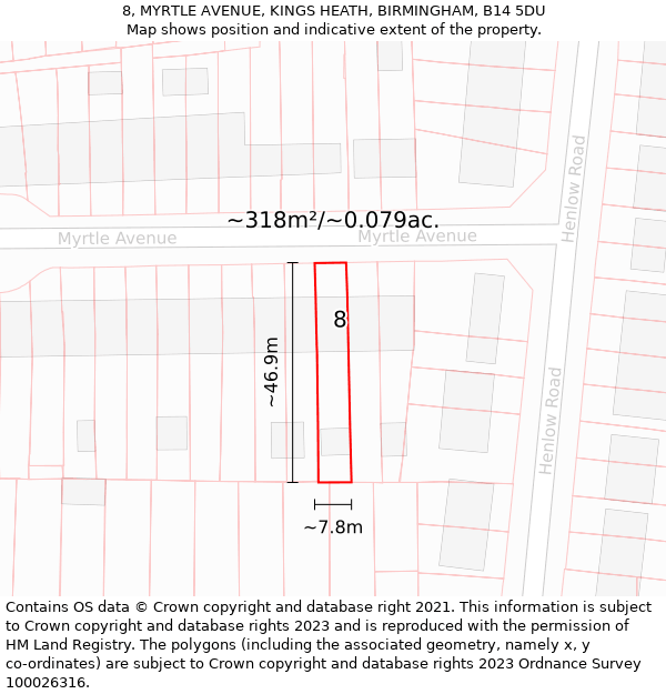 8, MYRTLE AVENUE, KINGS HEATH, BIRMINGHAM, B14 5DU: Plot and title map