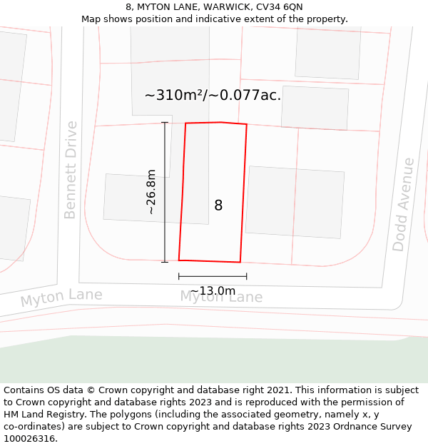 8, MYTON LANE, WARWICK, CV34 6QN: Plot and title map