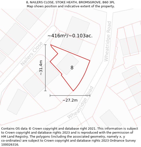 8, NAILERS CLOSE, STOKE HEATH, BROMSGROVE, B60 3PL: Plot and title map