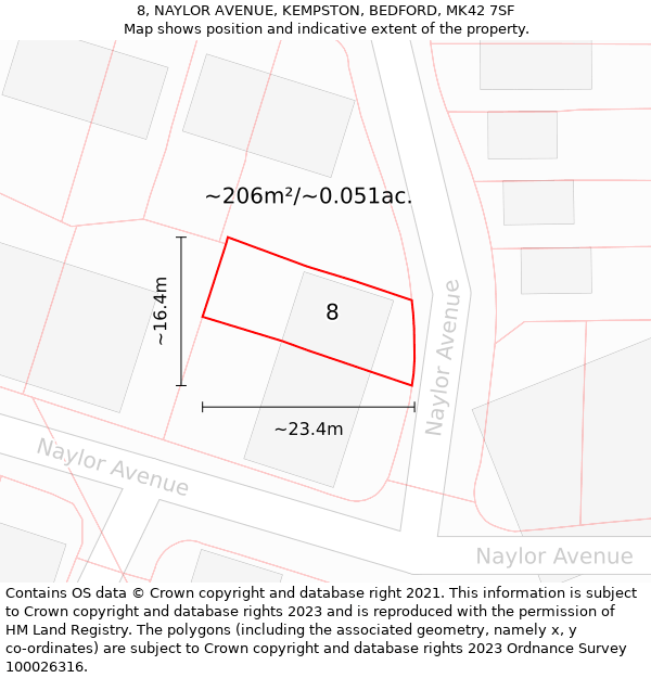 8, NAYLOR AVENUE, KEMPSTON, BEDFORD, MK42 7SF: Plot and title map