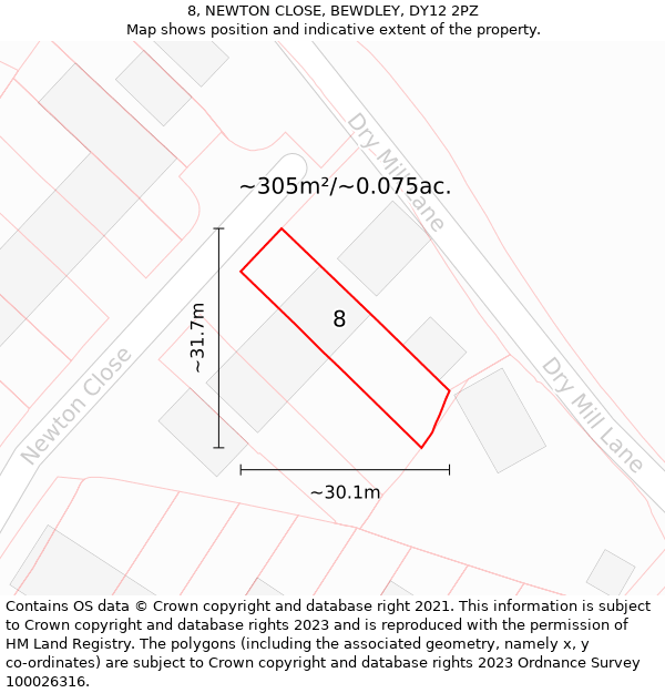 8, NEWTON CLOSE, BEWDLEY, DY12 2PZ: Plot and title map