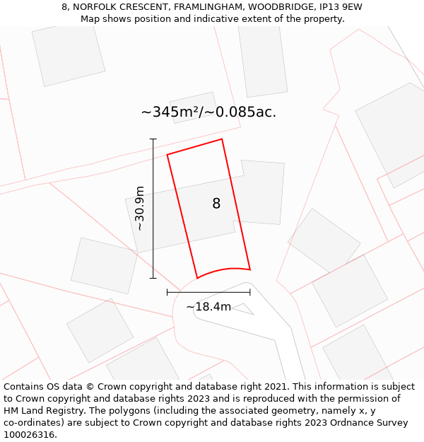 8, NORFOLK CRESCENT, FRAMLINGHAM, WOODBRIDGE, IP13 9EW: Plot and title map