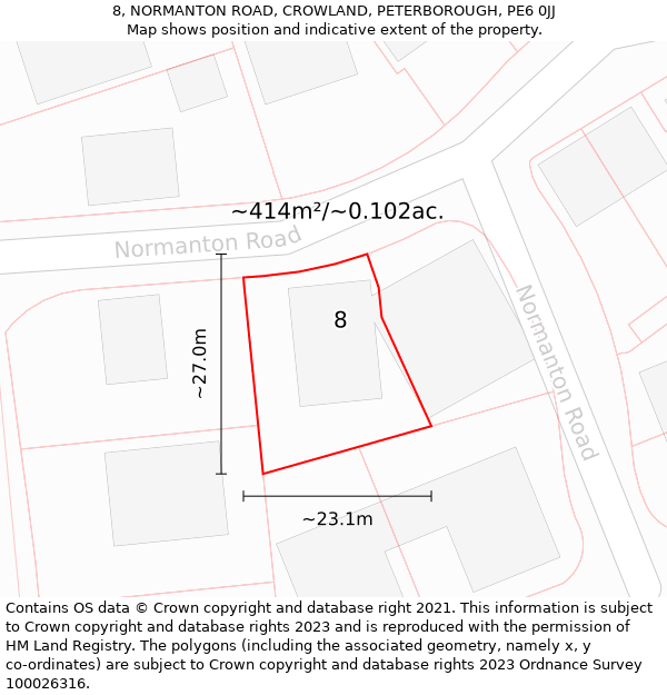 8, NORMANTON ROAD, CROWLAND, PETERBOROUGH, PE6 0JJ: Plot and title map