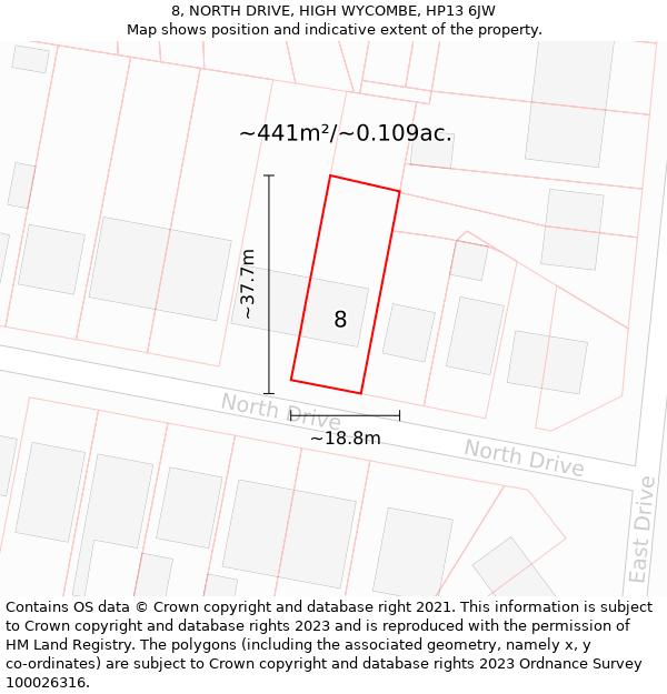 8, NORTH DRIVE, HIGH WYCOMBE, HP13 6JW: Plot and title map