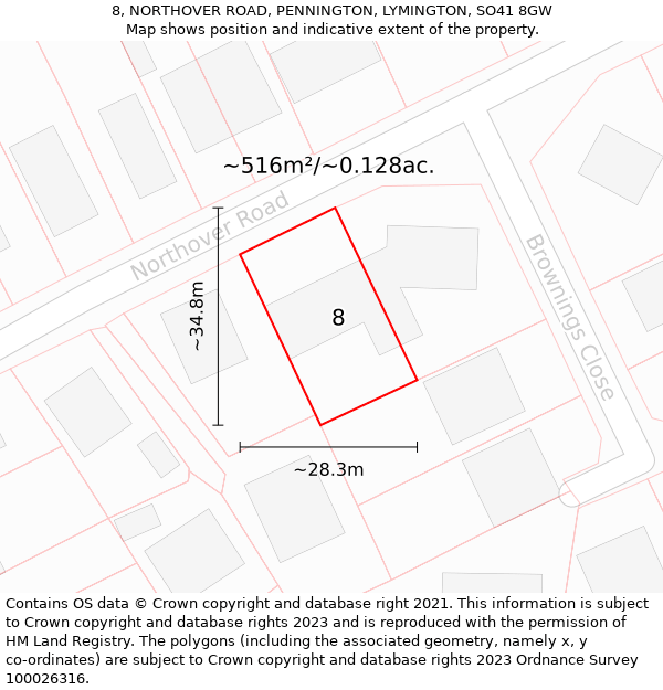 8, NORTHOVER ROAD, PENNINGTON, LYMINGTON, SO41 8GW: Plot and title map