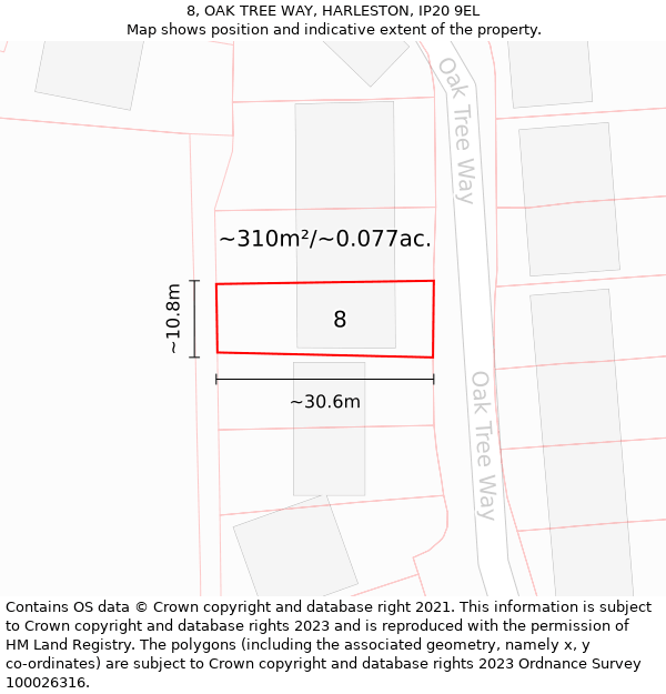 8, OAK TREE WAY, HARLESTON, IP20 9EL: Plot and title map