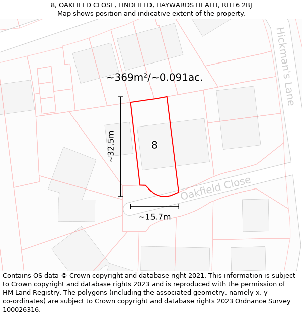 8, OAKFIELD CLOSE, LINDFIELD, HAYWARDS HEATH, RH16 2BJ: Plot and title map