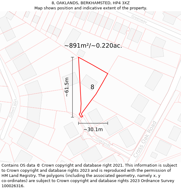 8, OAKLANDS, BERKHAMSTED, HP4 3XZ: Plot and title map