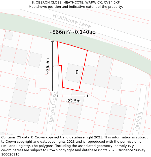 8, OBERON CLOSE, HEATHCOTE, WARWICK, CV34 6XF: Plot and title map