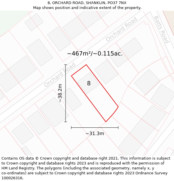 8, ORCHARD ROAD, SHANKLIN, PO37 7NX: Plot and title map