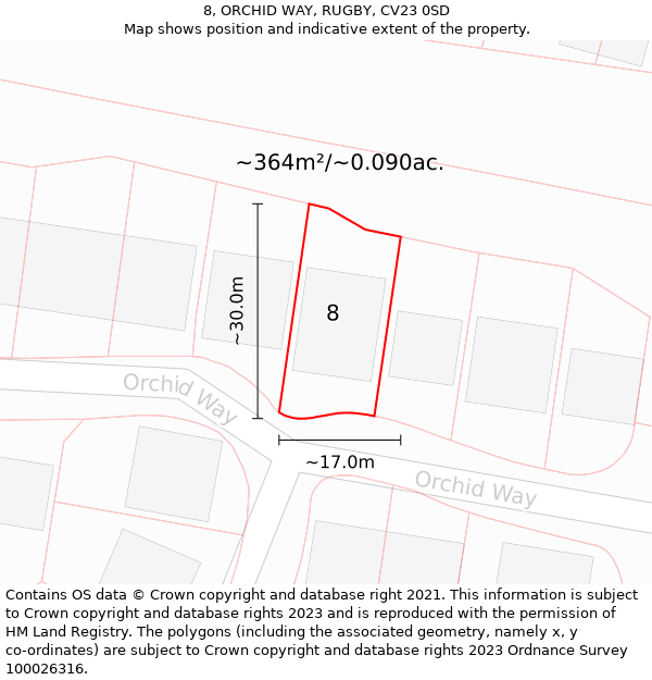 8, ORCHID WAY, RUGBY, CV23 0SD: Plot and title map