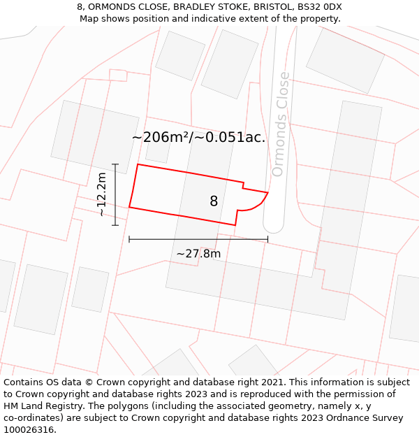 8, ORMONDS CLOSE, BRADLEY STOKE, BRISTOL, BS32 0DX: Plot and title map