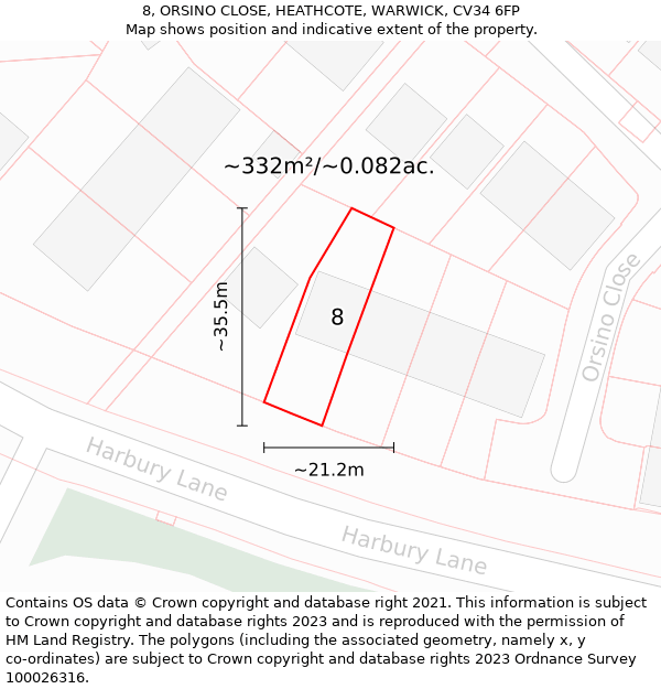 8, ORSINO CLOSE, HEATHCOTE, WARWICK, CV34 6FP: Plot and title map