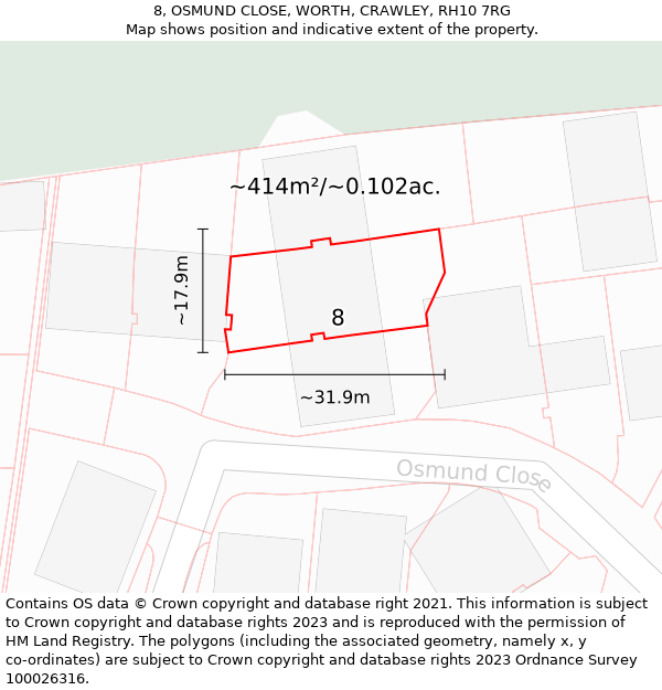 8, OSMUND CLOSE, WORTH, CRAWLEY, RH10 7RG: Plot and title map