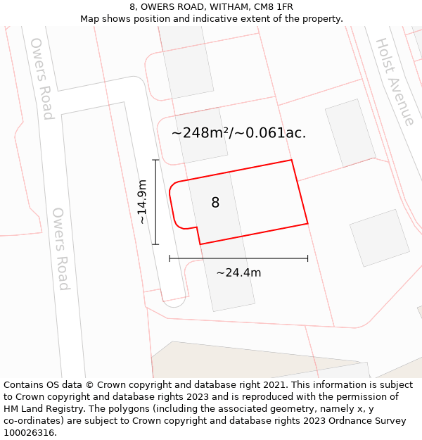 8, OWERS ROAD, WITHAM, CM8 1FR: Plot and title map