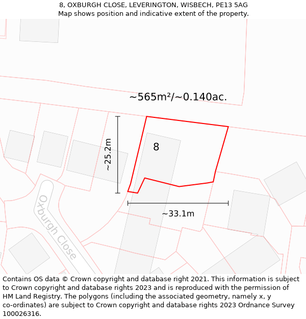 8, OXBURGH CLOSE, LEVERINGTON, WISBECH, PE13 5AG: Plot and title map