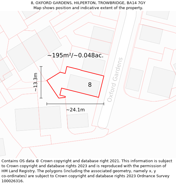 8, OXFORD GARDENS, HILPERTON, TROWBRIDGE, BA14 7GY: Plot and title map