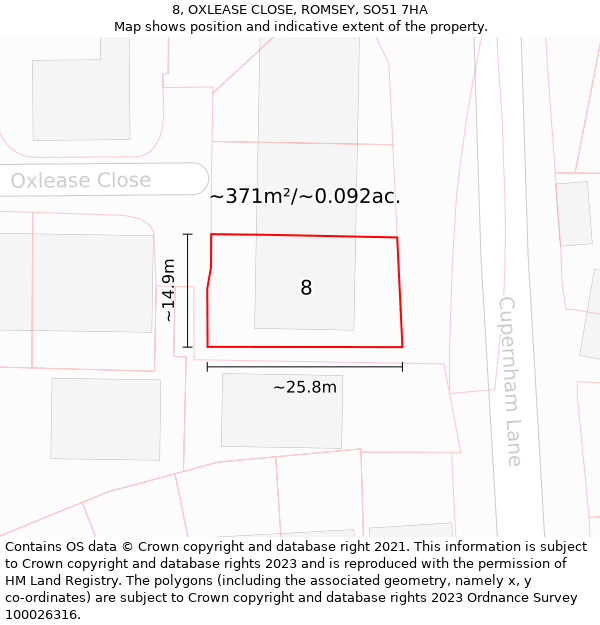 8, OXLEASE CLOSE, ROMSEY, SO51 7HA: Plot and title map