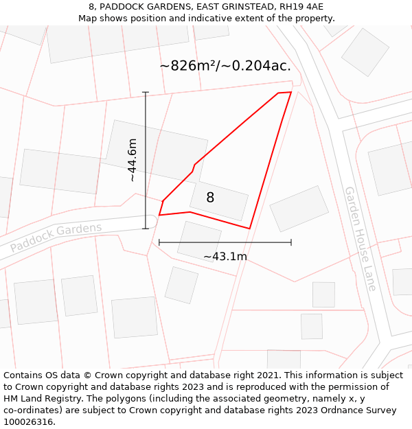 8, PADDOCK GARDENS, EAST GRINSTEAD, RH19 4AE: Plot and title map
