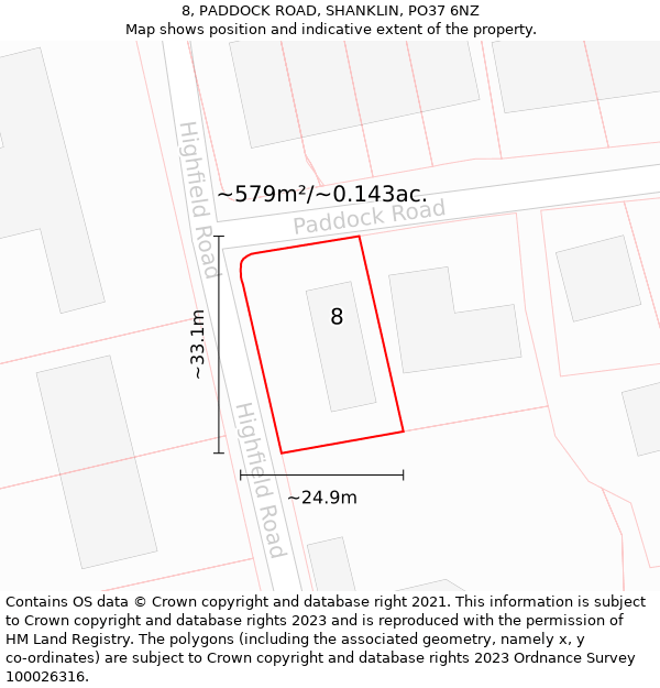 8, PADDOCK ROAD, SHANKLIN, PO37 6NZ: Plot and title map