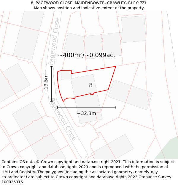 8, PAGEWOOD CLOSE, MAIDENBOWER, CRAWLEY, RH10 7ZL: Plot and title map